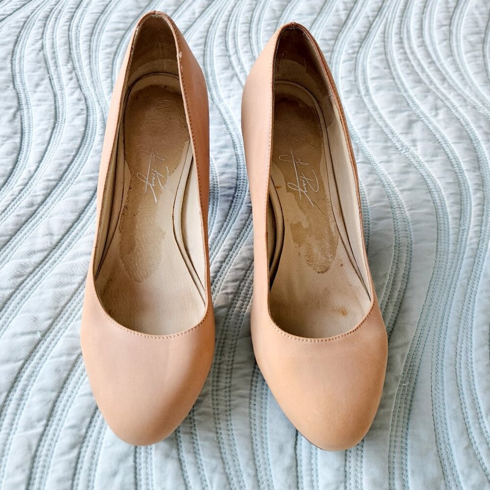 Shoes of Prey custom nude & blue snakeskin 3" heel size 7